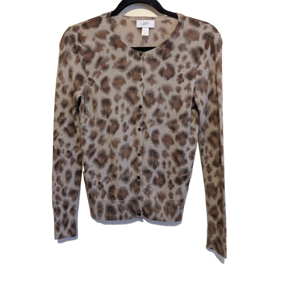 Ann Taylor Loft Cardigan Sweater 100% Merino Wool Animal Print Size Small